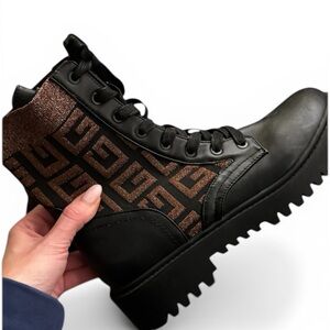 Guess Black Lace-Up Combat Boot with Bronze Metallic Panels